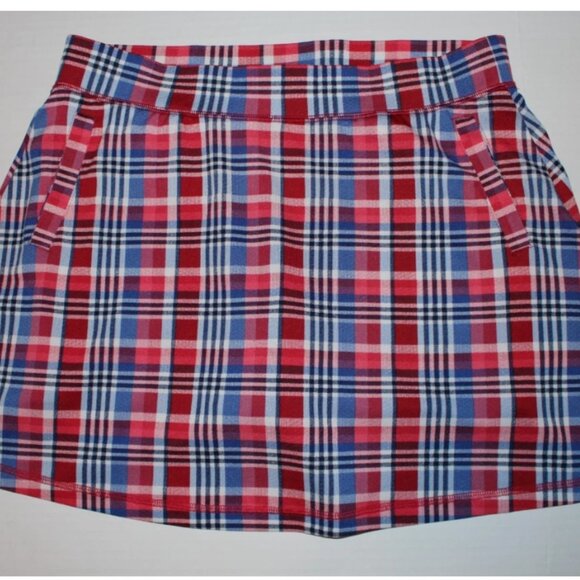 T by Talbots Plaid Skort Shorts Lined Golf Skirt L Petite Red Blue Black Flared - Picture 1 of 6